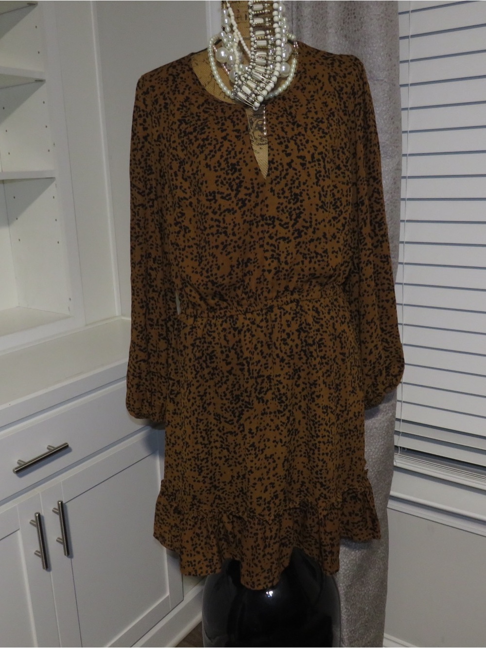INC International Concepts Brown Printed Long Sleeve Ruffle-Hem Dress